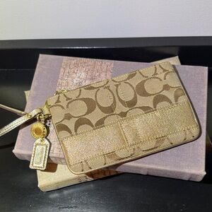 Coach Vintage Legacy Gold and Tan Wristlet with Signature Pattern